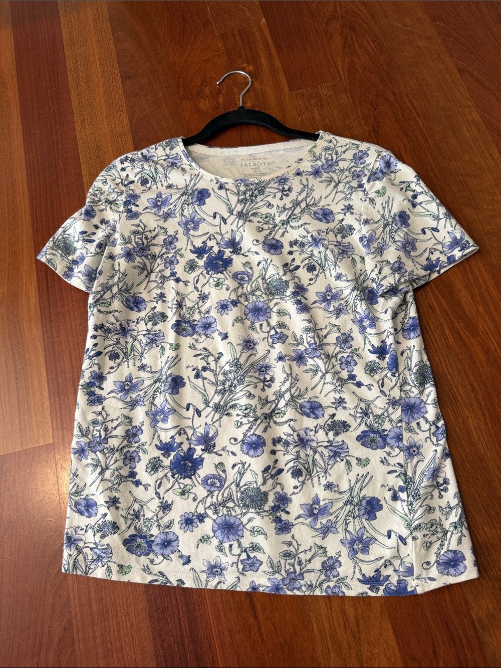 Talbots Cream Short-Sleeve Tee with Blue Floral Print